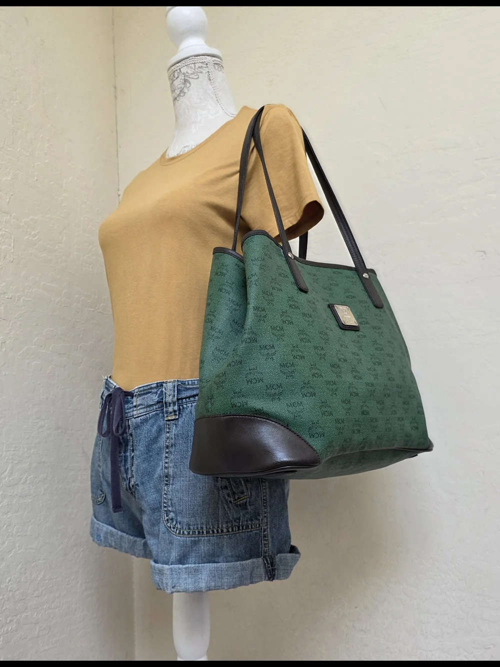 MCM Green Shopper Shoulder Tote Bag AUTHENTIC
